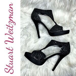 Stuart Weitzman Loverly Black Glitter Platform T-Strap Stiletto Heels Size 7